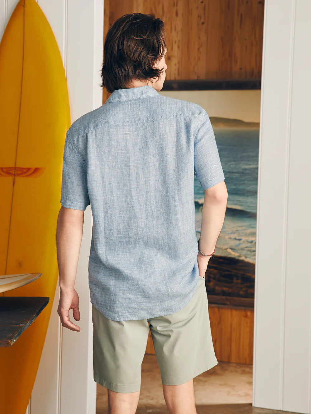 Short-Sleeve Palma Linen Shirt-Blue Basketweave